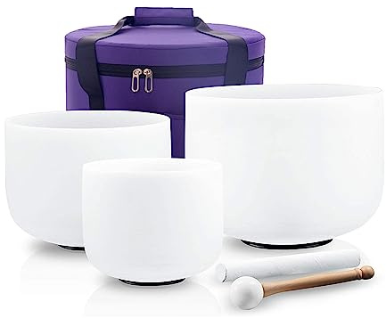 Hye-eun Juego de cuencos de cristal de 432 Hz, 8 pulgadas B 10 pulgadas G 12 pulgadas F 3 piezas de cuarzo esmerilado chakra con funda de transporte para sanación de sonido, yoga, meditación