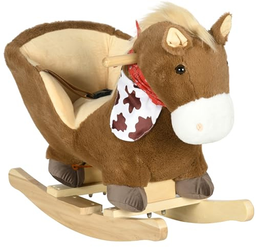 Qaba Baby Rocking Horse, Riding Horse, Plush Animal Rocker with Realistic Sound, Pedals for Ages 18-36 Months, Brown