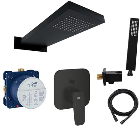 vanvilla Duschsystem Unterputz mit Duscharmatur Grohe schwarz GS03 | Duscharmatur von Grohe Cubeo Einhebelmischer und vanvilla Regendusche Duschkopf eckig, Dusch-SET schwarz matt