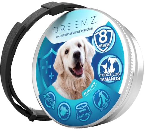 DREEMZ® Collar Repelente de Insectos - Antipulgas Perros, garrapatas y Mosquitos, 8 Meses protección-63cm -100% Vegetal-Impermeable - Formatos (1 Und Negro)