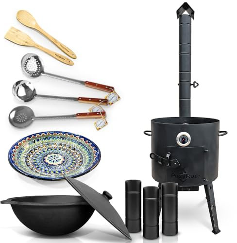 Feuerofen Ø 40 cm 2 mm Stahl Utschak Uchag mit Usbekische Kazan 12 L Verlängerungsrohr Schaumlöffel für Plov Schöpfkelle Thermometer Holzlöffel Казан Lagan Asia (Set 5)