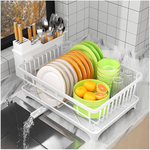 SavvyStor Scolapiatti, scolapiatti per piano cucina con portaposate, scolapiatti da cucina con vassoio di drenaggio, bianco