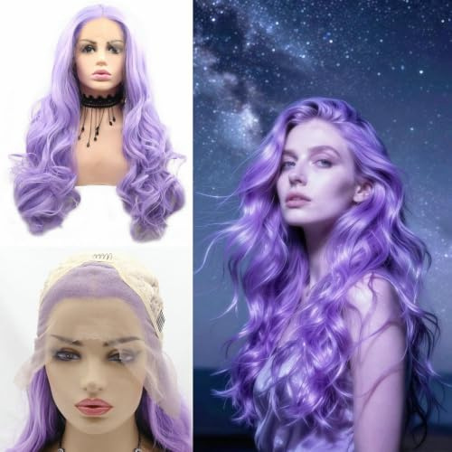 Peluca de encaje frontal sintético de 3 x 13 pulgadas de largo y 24 pulgadas de largo, lila pastel, para fiestas, cosplay, viajes, color morado claro, pelucas de encaje frontal sintético para mujer