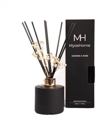 Myoshome - Ambientador Mikado Negro Mate con Embellecedor Dorado y Flores Secas, Mikado Ambientador Varillas, 200 ml, Recipiente Elegante y Individual para Decoración y Fragancia. (Jazmín Y Rosas)