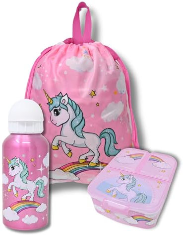 damaloo Einhorn Kinderrucksack Set für Mädchen – Brotdose, Trinkflasche & Turnbeutel – 3tlg. Kindergarten Rucksack Set – Kinder Bento Lunchbox mit Aluminiumflasche und Wechselbeutel Kinder
