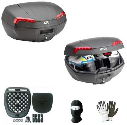 KOMPATIBEL MIT KYMCO MXU 50 E46N Koffer-TOPCASE MIT ROTEN Reflektoren + MONTAGESATZ + Anti-VIBRATIONSMATTE + Platte FÜR Motorrad-Scooter-GEPÄCKTRÄGER 2 GROßE HELME