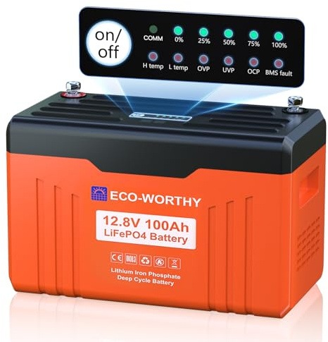 ECO-WORTHY 12V 100AH LiFePO4 Lithium Battery with SOC Display, Upgrade 2.0 with built-in Bluetooth, 100A BMS with Low-Temp Protection, Suitable for RV, Camping, Solar Off-Grid trolling motor