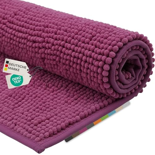 NYVI Badematten Set 2 teilig NYVISpa Chenille 45x50 + 50x80 cm Lila Badematte & WC-Vorleger - Badezimmerteppich Set - rutschfest, Saugfähig, Schnell Trocknend, Fußbodenheizung geeignet, Oeko-TEX
