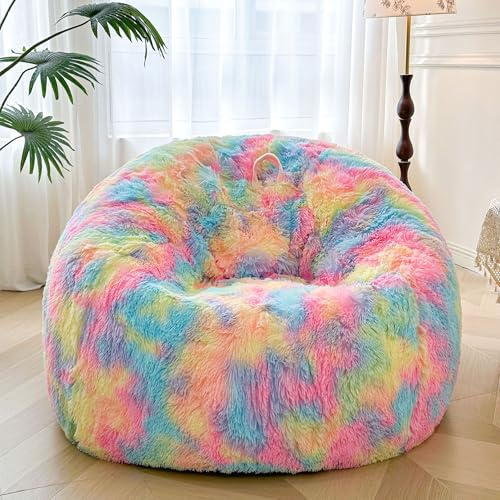 XeGe 5FT Giant Fluffy Bean Bag Chair Cover(No Filler), Ultra Soft Faux Fur Stuffed Animal Storage Bean Bag for Plush Toys, Plush Shaggy XL Large Beanbag for Adults Kids Teens Girls, Anti-slip, Rainbow
