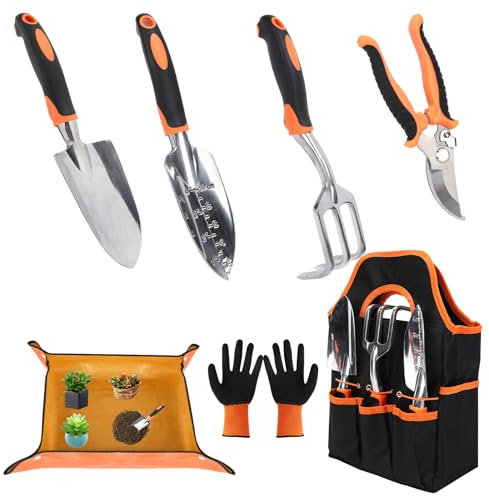 Gartengeräte, Gartengeräte-Set, Leichte Aluminiumlegierung Rostbeständig, Gartengeräte-Set, ideale Gartengeschenke, Gartengeräte mit Handschuhen (Orange 7 Stück)