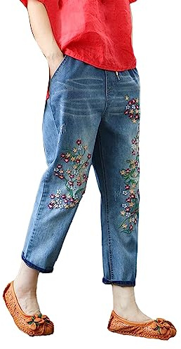 Jean court pour femme - Pantalon en jean vintage brodé floral - Taille haute élastique - Longueur 3/4 - Jean extensible - Jambe large - Pantalon Capri avec poches - Pantalon Y2K Streetwear, Rouge, XXL