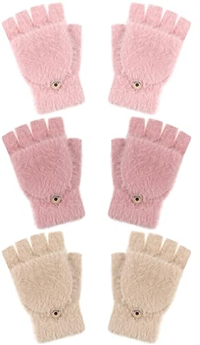 Geyoga 3 Guantes sin Dedos de Invierno para Mujer Manoplas Convertibles Guantes Manoplas Medio(Beige, Rosa, Rojo,10-15 años) (Beige, Rosa, Rojo, 10-15 años)