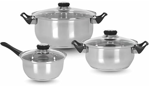 PARENCE.- 6-delat induktionskokkärl set - Rostfritt stål med glaslock - Kastruller och stekpannor för alla brännare, inklusive induktion | Set med 3 blomkrukor Ø16-20-24 cm med lock