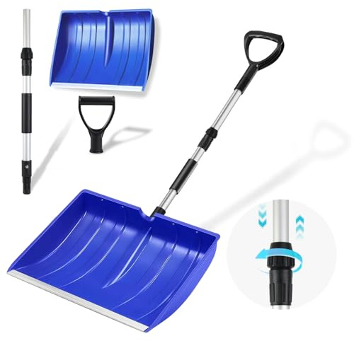 Hmfmdy Snow Shovel, Large Capacity Snow Shovel with Ergonomic Handle, Lightweight Portable Telescopic Rod, Snow Clearing Tool for Garden, Camping, Outdoor, Emergency, Snowman Playing - Blue