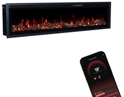 GLOW FIRE Elektrokamin Core 152 mit realistischem 3D LED-Feuer - Wand-Elektrokamin mit Heizung und Kaminfeuer, App Steuerung, Knistereffekt & Timer, max. 1800 W, 152x35x12cm