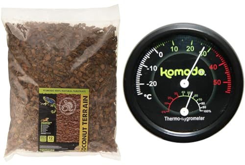 Komodo Reptile Habitat Bundle – Coconut Terrain Substrate 12L (45cm Height) + Combined Thermometer & Hygrometer, Analog Black (0.04kg)
