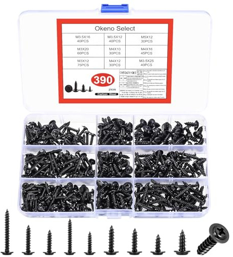 Okeno Select 390 Stück Blechschrauben Selbstschneidende Schrauben Metall Schwarz, M3 M3,5 M4 M5 Holzschrauben Set, Flachkopfschrauben Schwarze Schrauben für Akustikpaneele Metall Holz Bohrschrauben