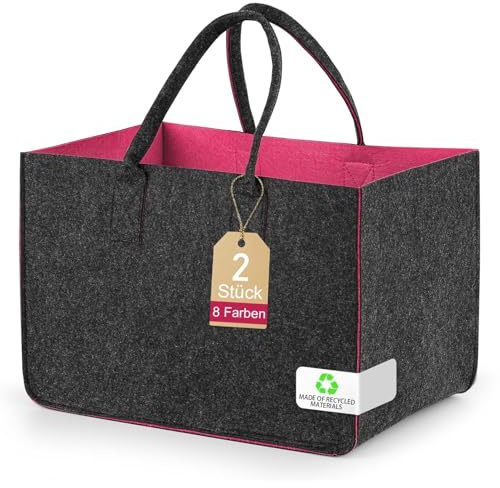 Shoppingkorg/träkorg, shoppingväska med handtag, Korg för ved och eldstad för utomhusresor, picknick, shopping (Donkergrijs - Rood, 2 stycken)