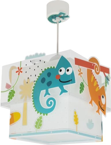 Dalber Lampe kinderzimmer, kinderlampe Pendelleuchte Hängelampe, Deckenleuchte Kinder, Deckenlampe kinderzimmer, Happy Jungle Chamäleon Tiere Dschungel, 63312M, E27, Weiß
