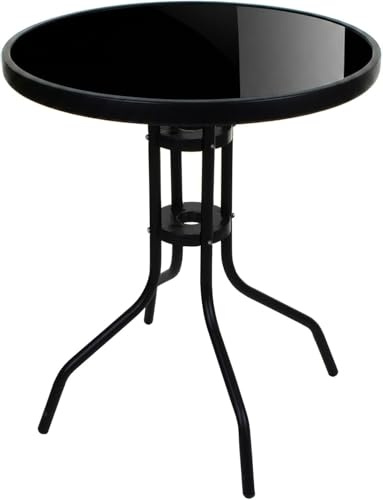 MAT-HAUS Furniture and home decor Gartentisch aus Glas, Balkontisch Terrassentisch mit Metallgestell, wetterfester Outdoor Tisch für Garten, Balkon, Terrasse und Patio (Rund 60 cm Schwarz)