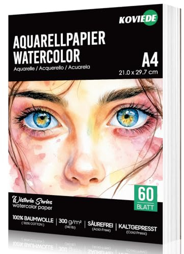 KOVIEDE 60 Blätter Aquarellpapier DIN A4 100% Baumwolle 300g Kaltgepresst