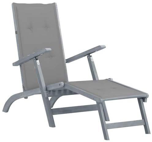 LoogCape Klappbarer Liegestuhl mit Fußstütze und Auflage aus massivem Akazienholz, 3-Fach verstellbar, wetterfester Garten Deckchair für Terrasse, Garten Relax