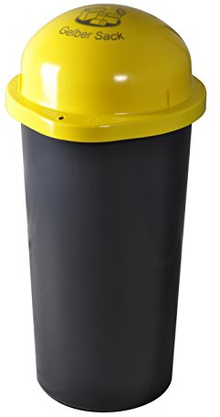 KUEFA HD-LA 60 Liter Mülleimer, Müllsackständer mit Laserbeschriftung (Gelb, Gelber Sack) und Befestigungsring für den Gelben Sack, Pfandflaschen, Leergut