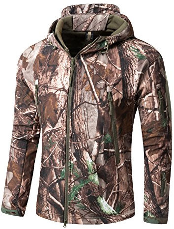 YFNT Herren Taktisch Softshell Fleecejacke Camouflage Hoodie Outdoor Wandern Wasserdicht Mantel Jacken, Tote Blatter Tarnung, XL