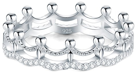 BORUO 925 Sterling Silver Ring, Cubic Zirconia Princess Crown Tiara Wedding Cz Band Eternity Ring Size 9