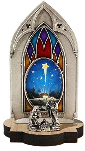 Eurofusioni Presepe Gotico con Immagine - Natività Miniatura Originale da Collezione Placcato Argento con Base in Legno - Decorazione Natalizia