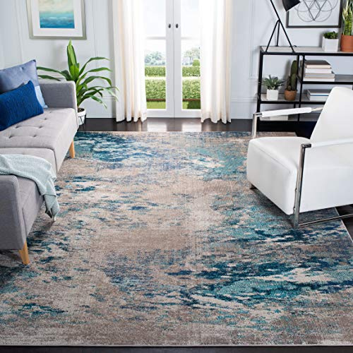 SAFAVIEH Boho Teppich für Wohnzimmer, Esszimmer, Schlafzimmer - Madison Collection, Kurzer Flor, Blau und Grau, 200 x 200 cm