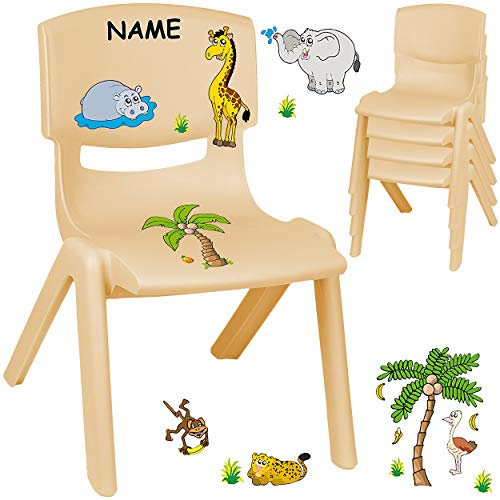 alles-meine.de GmbH Kinderstuhl/Stuhl - Motivwahl - Holz Farben - beige + Sticker - Zootiere & Giraffe - inkl. Name - Plastik - bis 100 kg belastbar/kippsicher - für INNEN & ..