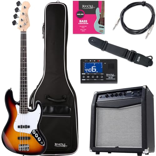 Rocktile Fatboy II SB E-Bass Sunburst Starter Bundle, Jazz-Style E-Bass | 2 Single Coil Tonabnehmer, 2 Volume-/1 Toneregler, Korpus: Linde, Hals: Ahorn (unbehandelt), Griffbrett: Palisander, 21 Bünde