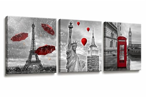Lupia - Set 3 Quadri su Tela CANVAS DAY CITY RED 38x38 cm citta' in rosso, Stampa Vivida, Pronto da Appendere, Decorazione per Soggiorno, Capezzale Testiera Camera da Letto, Cucina, Ufficio