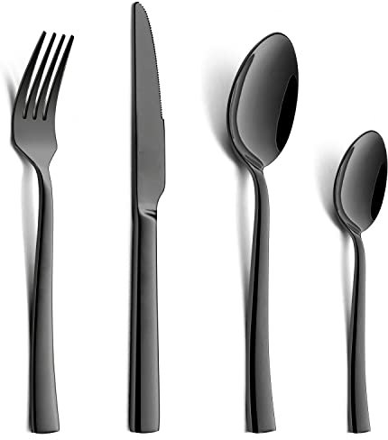 Joyfair 16-Piece Glossy Black Cutlery Set, Stainless Steel Flatware Silverware Set Service for 4, Eating Utensils Include Knife/Fork/Spoon for Dining, Modern Design & Mirror Polished, Dishwasher Safe