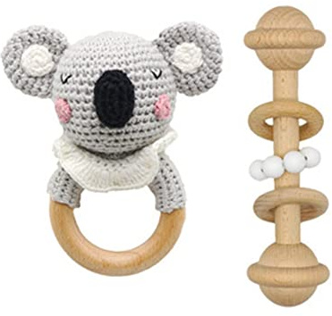 SWECOMZE Holzspielzeug Baby, Baby Rassel Spielzeug, Baby Beißring Holz Gehäkelte Greifling, Handmade Babyrassel Holzspielzeug, Geschenke zur Geburt für mädchen und Junge (Koala,#4)