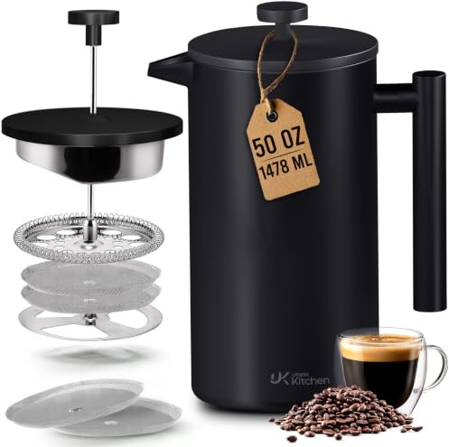 Utopia Kitchen Edelstahl French Press 1,4 l Kaffeebereiter Teebereiter Camping French Press Kaffeebereiter Cold Brew Tragbare Reise Kaffeepressen Teepresse Geschenke Schwarz