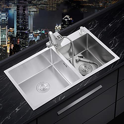 HGTRH Fregadero Cocina 2 Senos Acero INOX, Fregadero Acero Inoxidable con Escurridor, Fregadero Cocina Acero Inoxidable Resistente, Fregadero Bajo Encimera INOX Brillo con Grifo