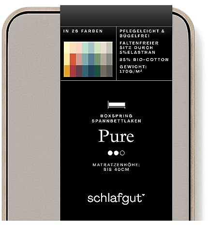 schlafgut Pure Boxspring Spannbettlaken 90x200 cm Bio-Baumwolle, Sand Mid | Bettlaken, Spannbetttuch 100x200, 90x190 bis 100x220 cm, Sand, Boxspringbett, bis 40 cm Steg, Bio Baumwolle Elasthan