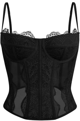 Dealmore Corset Tops For Women Going Out Lace Mesh Date Night Fall Fashion Outfits Clothes Crop Cute Party Strap Tank Black Medium