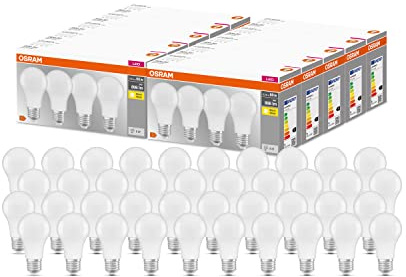 OSRAM LED Base Classic A, a forma di lampadina con base E27, non dimmerabile, sostituisce 60 Watt, opaco, bianco caldo - 2700 Kelvin, confezione da 40 pz.