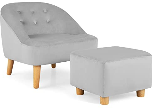 Costzon Kids Couch with Ottoman, Children Sofa Toddler Chair w/Baby Velvet Surface, Children Armchair for Play Room, Nursery, Kindergarten, Chlidren Sofa Gifts for 3-5 Years Old Boys Girls (Grey)