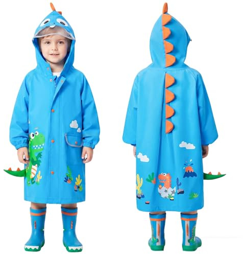 JinBei Impermeabile Bambino Poncho Pioggia con Cappuccio Dinosauro Blu Cappello Bambini Antipioggia Giacca Tuta Ragazzo Ragazzi con Tasca Bottoni Cerniera Impermeabili Strisce Riflettenti 2-3 Anni