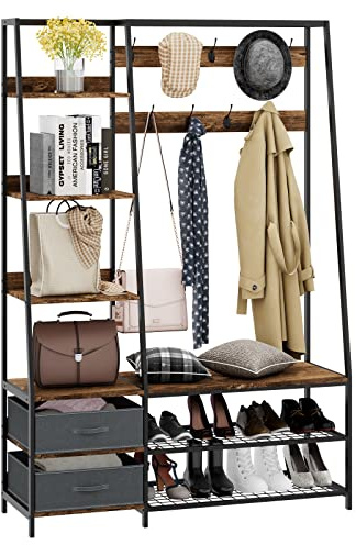 COSTWAY Coat Rack with Shoe Storage, Freestanding Hall Tree Coat Stand with Bench and 9 Hooks, Metal Frame Clothes Rail Garment Hanger Unit for Bedroom Hallway Entryway (6 Side Shelves with 2 Drawers)