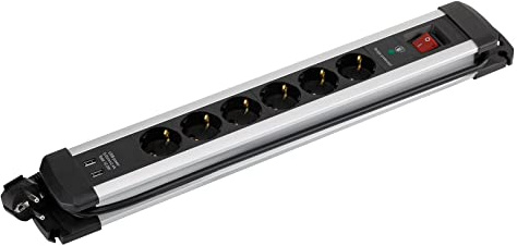 SIMON - Enchufe Múltiple Extrapower, Regleta de Enchufe Plano, Ladrón de Enchufes con Interruptor, 6 Tomas 16A 250V + 2 Enchufes USB A, Protección de Sobretensiones y Cable 1.5M, Aluminio y Negro