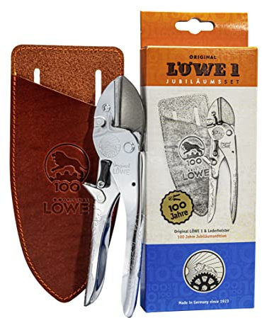Original LÖWE 1, 100 Jahre Jubiläumsedition - Profi Gartenschere Amboss Schere 1.100 aus Metall mit rostfreier Stahlklinge zusammen mit handgefertigtem Lederholster