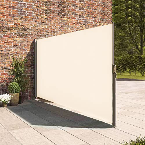 Seitenmarkise mit Stahl-Kasten, rostbeständig, ausziehbar, 167 x350 cm, Sichtschutz, Sonnenschutz, Blickdicht, Seitenrollo, für Balkon, Terrasse, Garten (Beige)