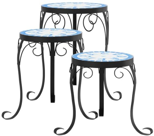 vidaXL Supports pour plantes 3 pcs bleu et blanc céramique, table de plantes, support de plante d'extérieur, table d’appoint mosaïque