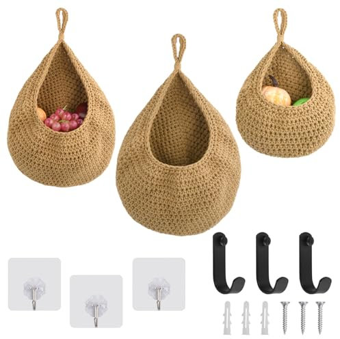 3 Stück Obstkorb Hängend, Hängekorb mit Haken und Klebehaken, Boho Wandkorb Korb Geflochten Obstkörbe, Hängekorb Küche für Aufbewahrung von Obst und Gemüse, Organisieren und Dekorieren (S+M+L)