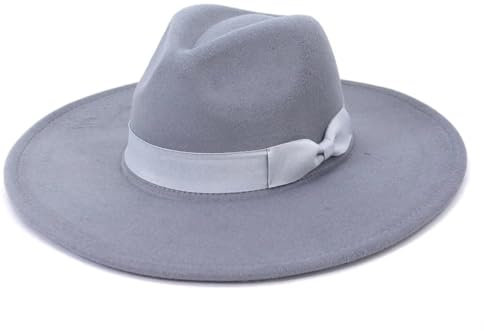 Pegsmio Damenhut mit großer breiter Krempe, Winter, Herbst, elegant, Retro-Filz, Fedora-Hut, Hochzeit, Kirchenkleid, formeller Hut, grau, 6 7/8/7 1/8